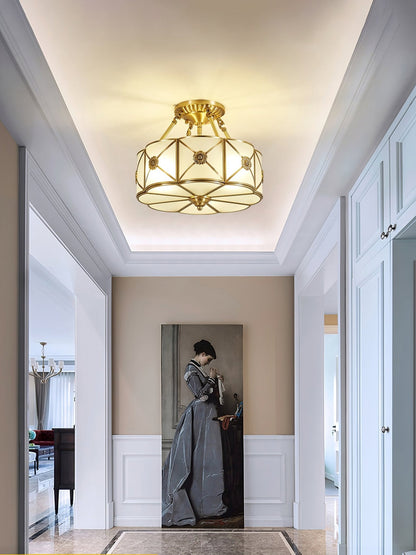 Brass Ceiling Lamp | Scalloped Edge Frosted Glass | 45cm Diameter