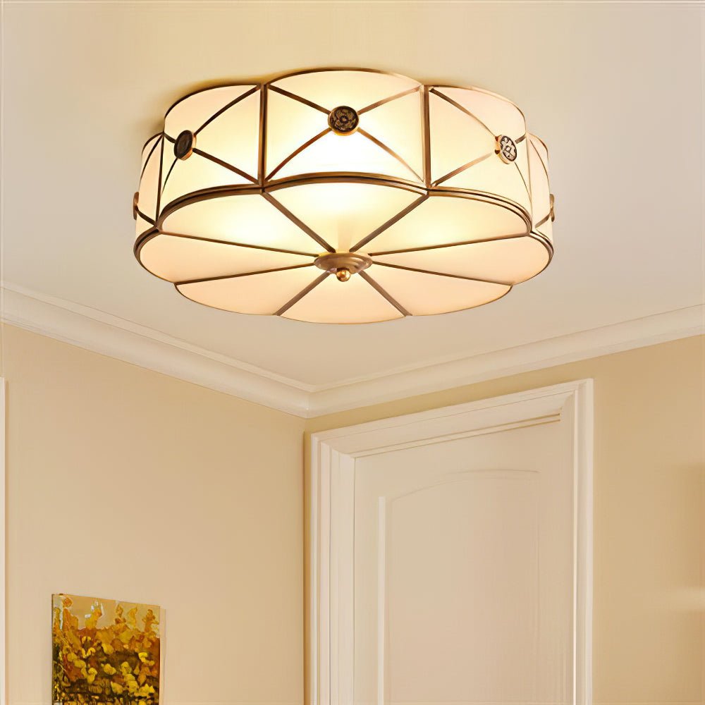 Brass Ceiling Lamp | Scalloped Edge Frosted Glass | 45cm Diameter