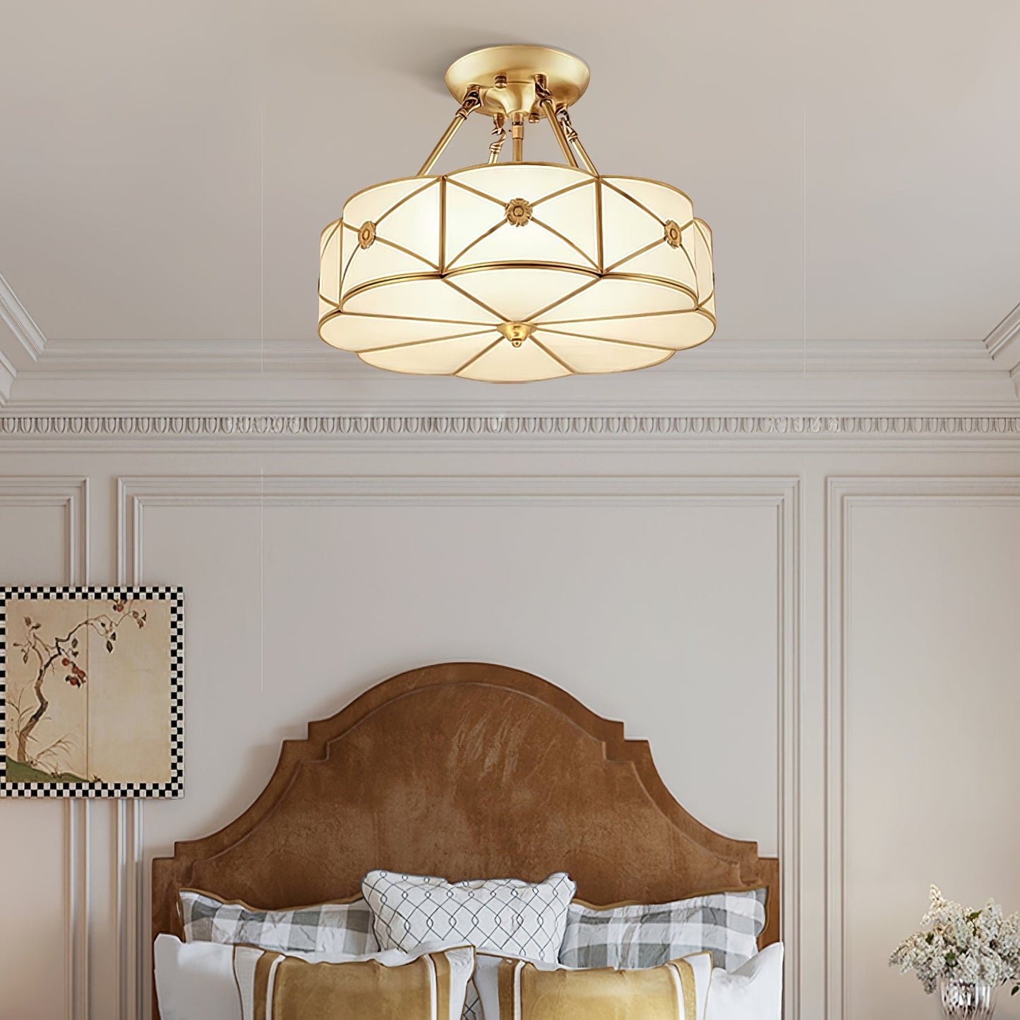 Brass Ceiling Lamp | Scalloped Edge Frosted Glass | 45cm Diameter