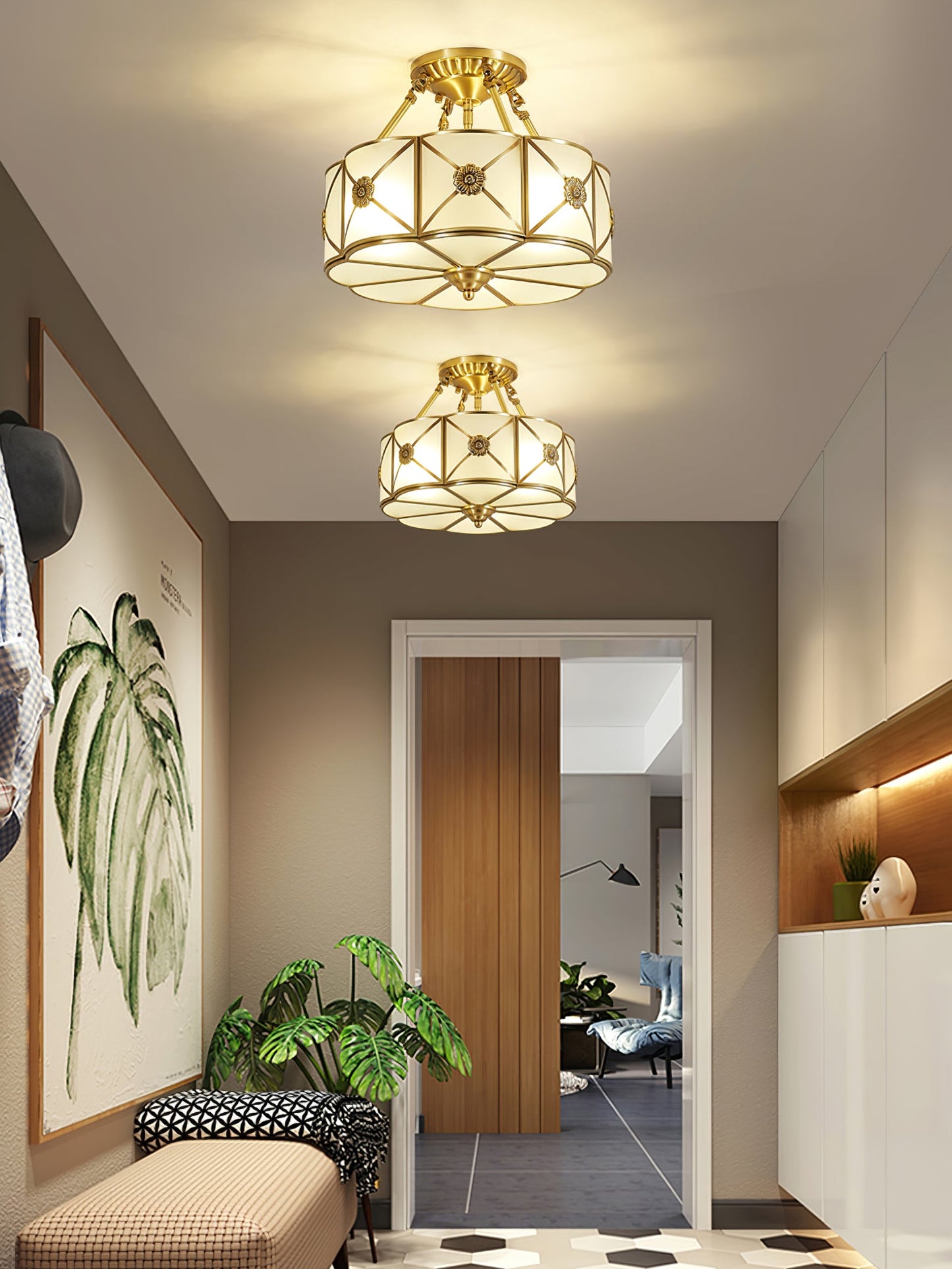 Brass Ceiling Lamp | Scalloped Edge Frosted Glass | 45cm Diameter