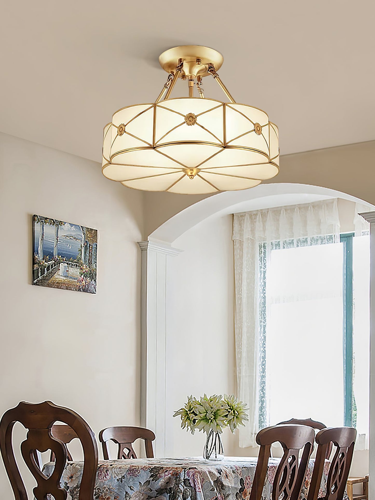 Brass Ceiling Lamp | Scalloped Edge Frosted Glass | 45cm Diameter