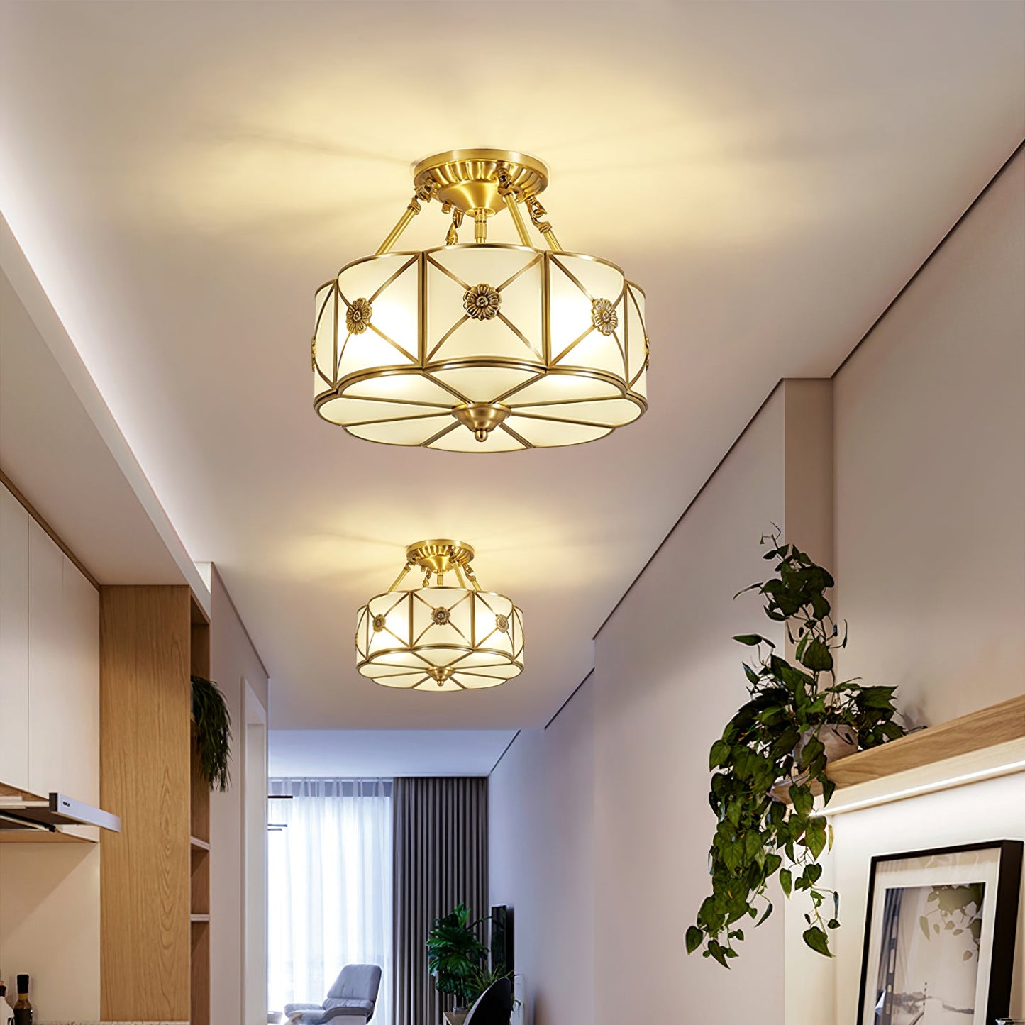Brass Ceiling Lamp | Scalloped Edge Frosted Glass | 45cm Diameter