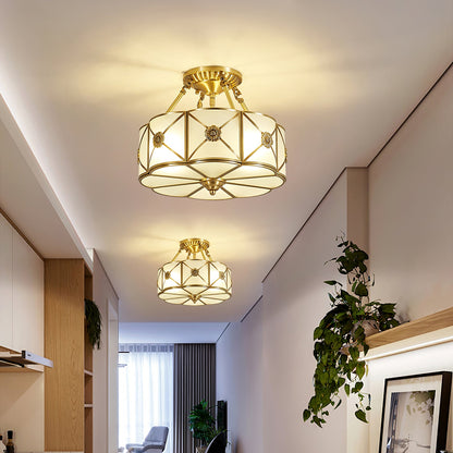 Brass Ceiling Lamp | Scalloped Edge Frosted Glass | 45cm Diameter