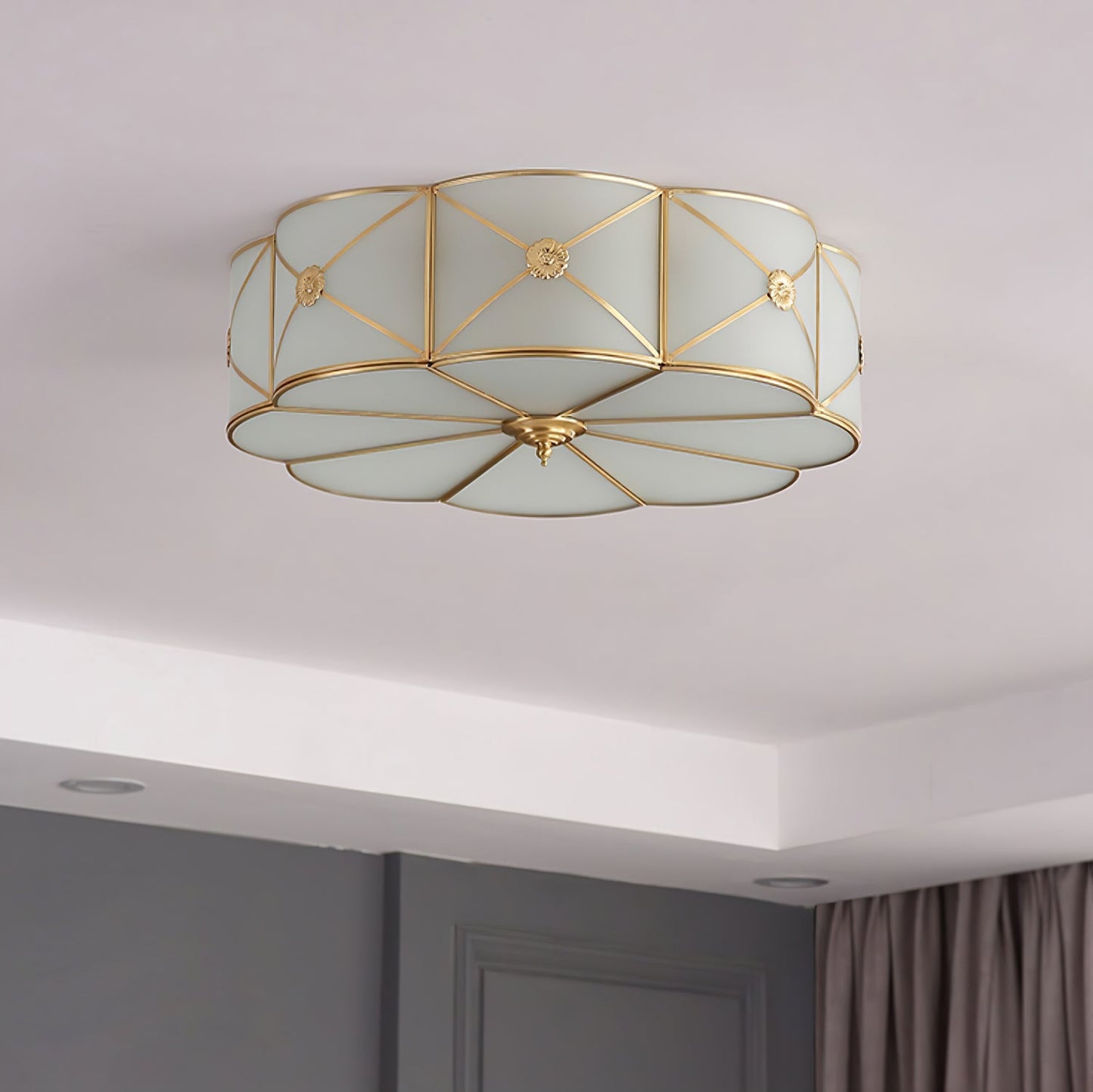 Brass Ceiling Lamp | Scalloped Edge Frosted Glass | 45cm Diameter