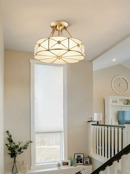 Brass Ceiling Lamp | Scalloped Edge Frosted Glass | 45cm Diameter