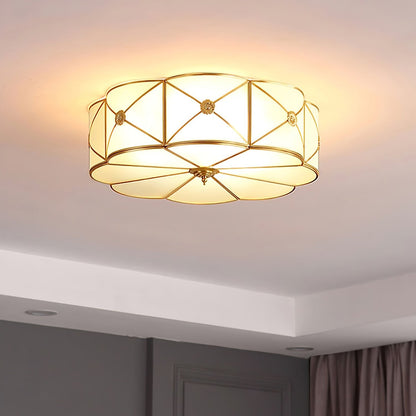 Brass Ceiling Lamp | Scalloped Edge Frosted Glass | 45cm Diameter