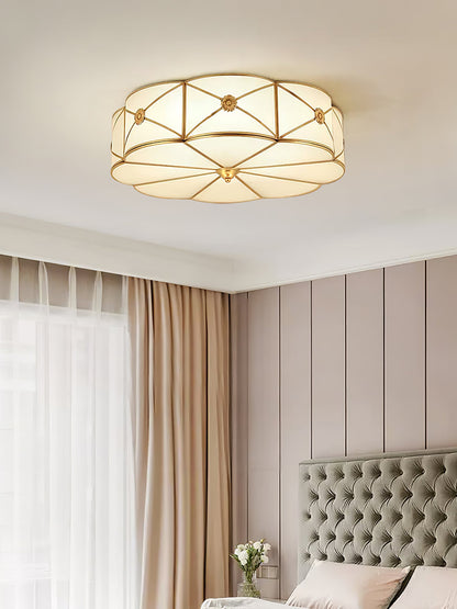 Brass Ceiling Lamp | Scalloped Edge Frosted Glass | 45cm Diameter