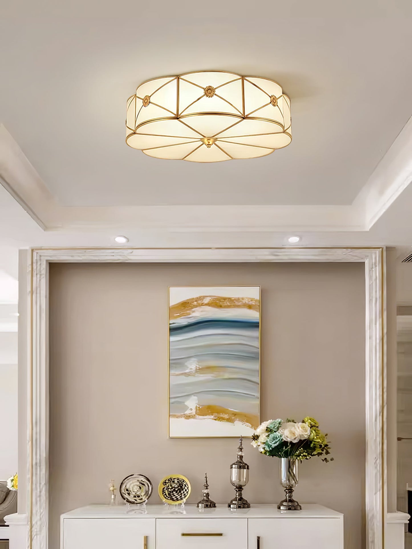 Brass Ceiling Lamp | Scalloped Edge Frosted Glass | 45cm Diameter