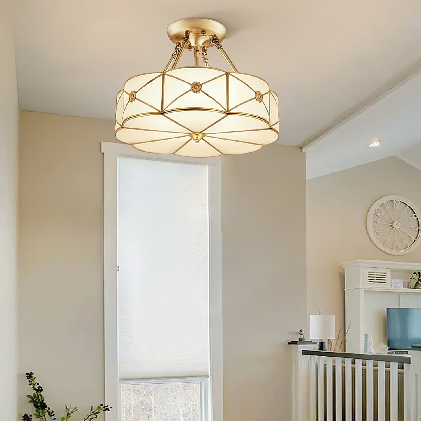 Brass Ceiling Lamp | Scalloped Edge Frosted Glass | 45cm Diameter