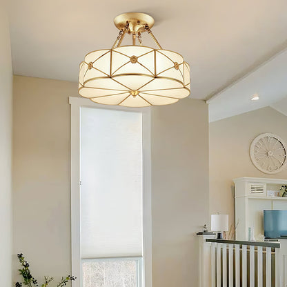 Brass Ceiling Lamp | Scalloped Edge Frosted Glass | 45cm Diameter