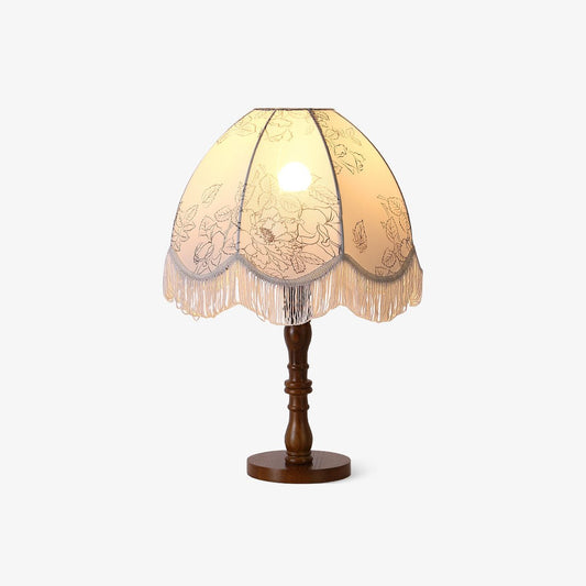 Tassel Table Lamp | Walnut Base & White Fabric Shade | 35cm Diameter