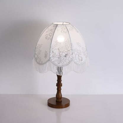 Tassel Table Lamp | Walnut Base & White Fabric Shade | 35cm Diameter