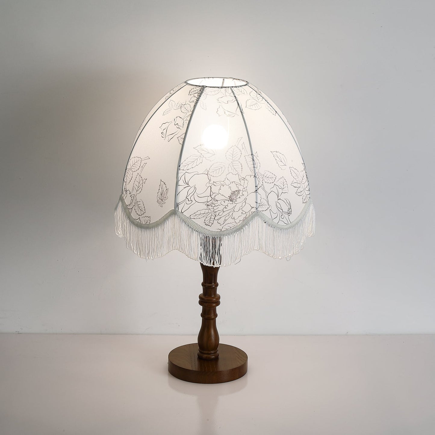 Tassel Table Lamp | Walnut Base & White Fabric Shade | 35cm Diameter