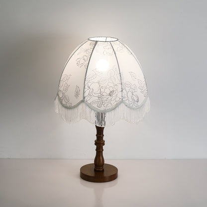Tassel Table Lamp | Walnut Base & White Fabric Shade | 35cm Diameter