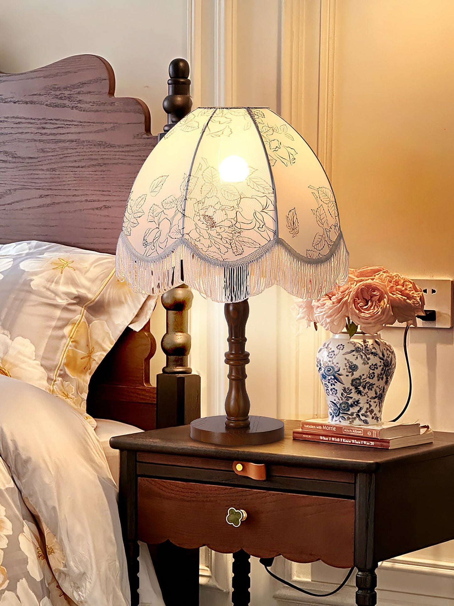 Tassel Table Lamp | Walnut Base & White Fabric Shade | 35cm Diameter