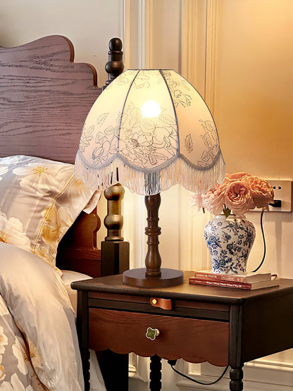 Tassel Table Lamp | Walnut Base & White Fabric Shade | 35cm Diameter