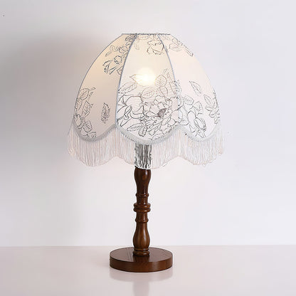 Tassel Table Lamp | Walnut Base & White Fabric Shade | 35cm Diameter