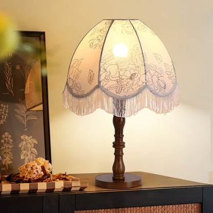 Tassel Table Lamp | Walnut Base & White Fabric Shade | 35cm Diameter