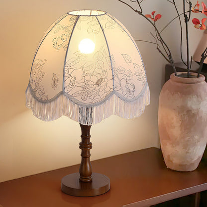 Tassel Table Lamp | Walnut Base & White Fabric Shade | 35cm Diameter