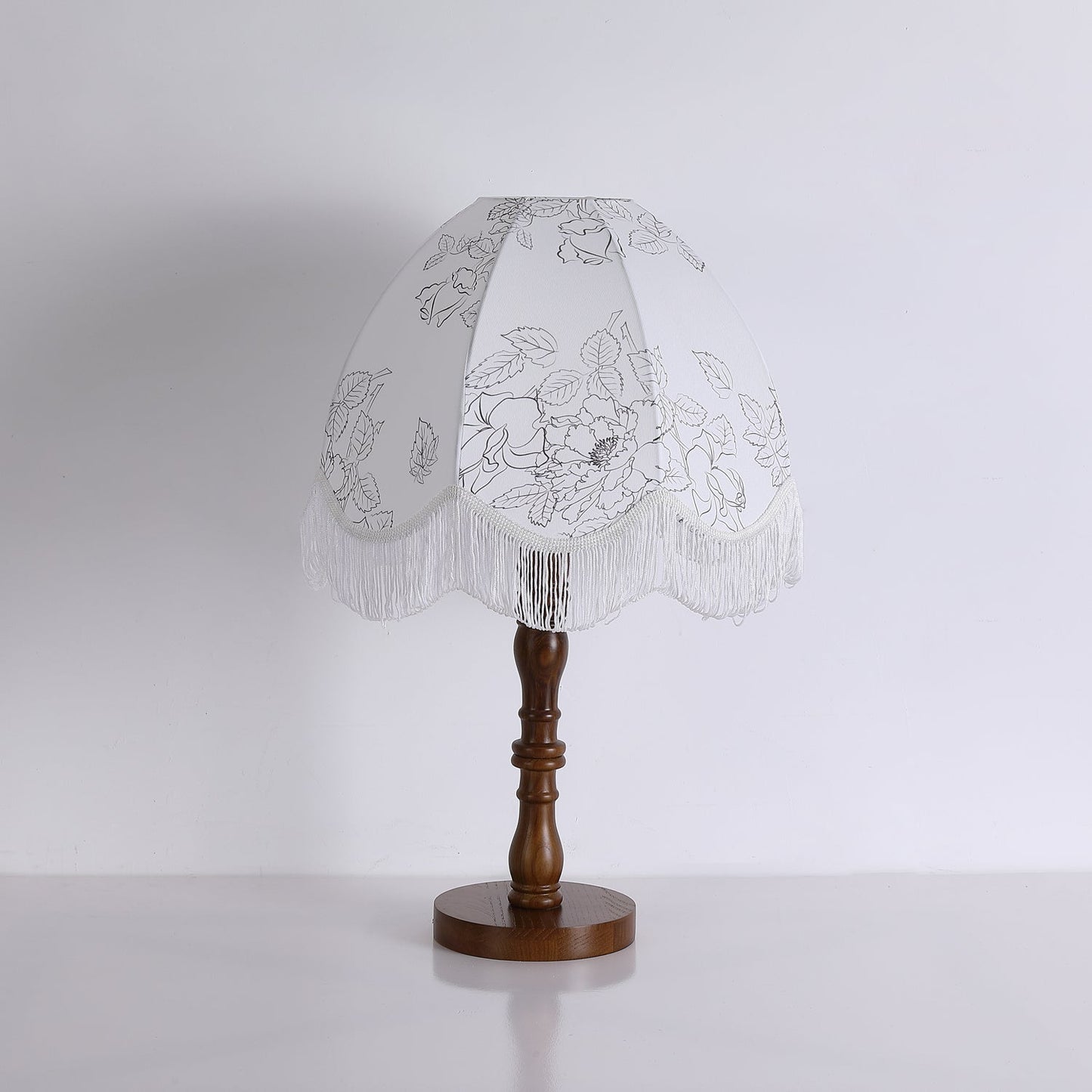 Tassel Table Lamp | Walnut Base & White Fabric Shade | 35cm Diameter