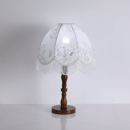 Tassel Table Lamp | Walnut Base & White Fabric Shade | 35cm Diameter
