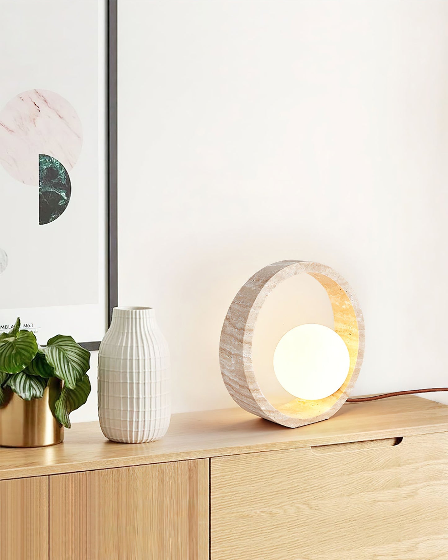 Q Circle Table Lamp | Yellow Travertine & Glass | 25cm Diameter