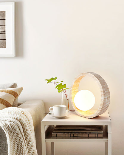 Q Circle Table Lamp | Yellow Travertine & Glass | 25cm Diameter