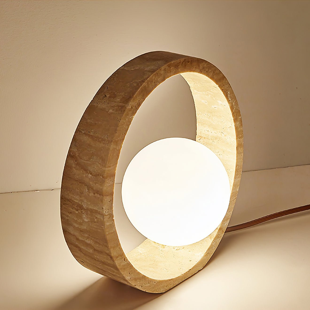 Q Circle Table Lamp | Yellow Travertine & Glass | 25cm Diameter
