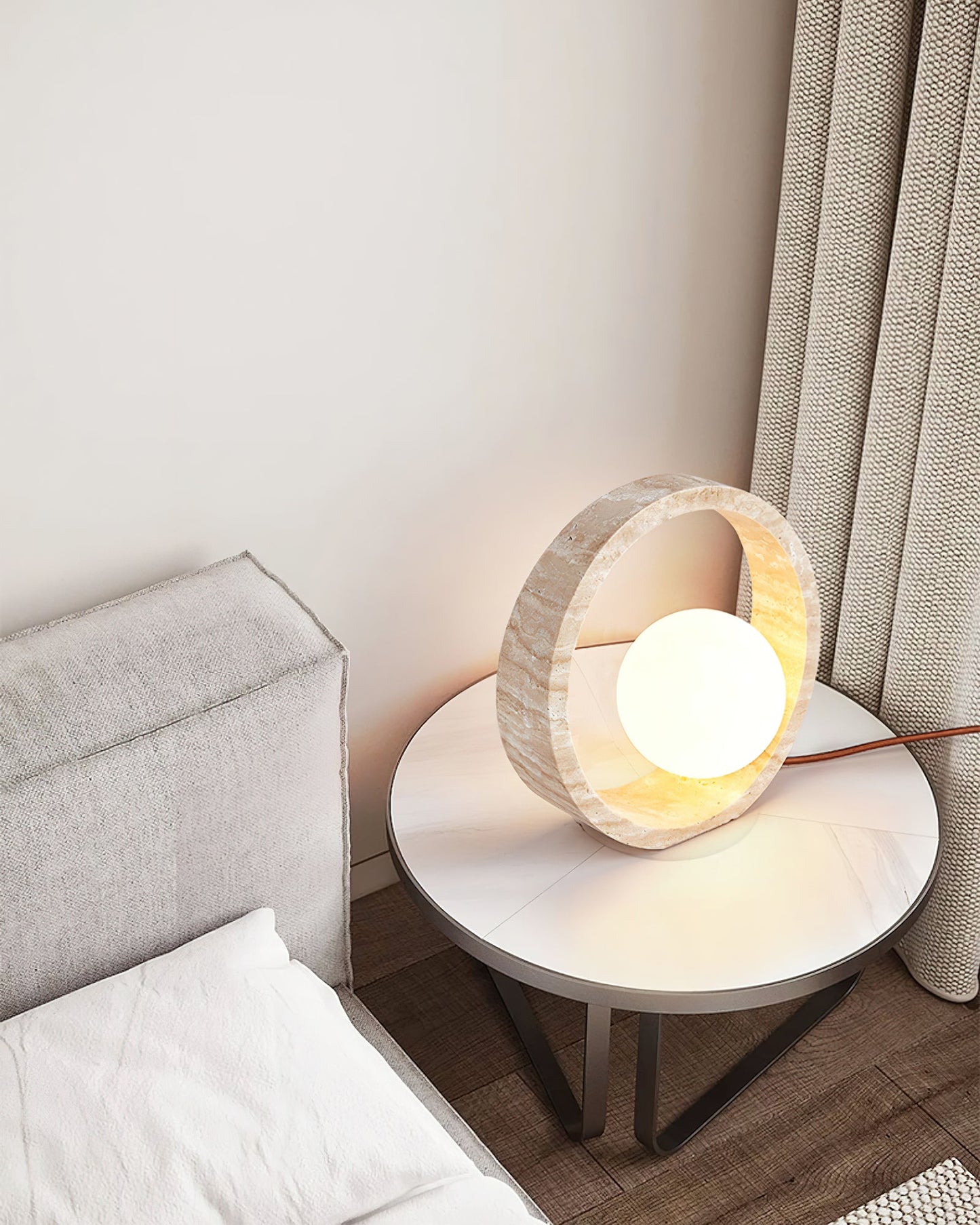 Q Circle Table Lamp | Yellow Travertine & Glass | 25cm Diameter