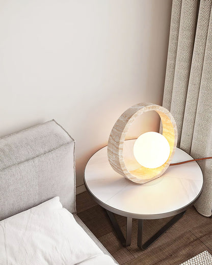 Q Circle Table Lamp | Yellow Travertine & Glass | 25cm Diameter