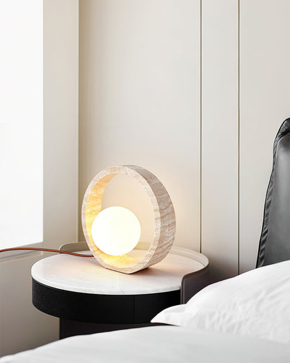Q Circle Table Lamp | Yellow Travertine & Glass | 25cm Diameter