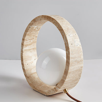 Q Circle Table Lamp | Yellow Travertine & Glass | 25cm Diameter