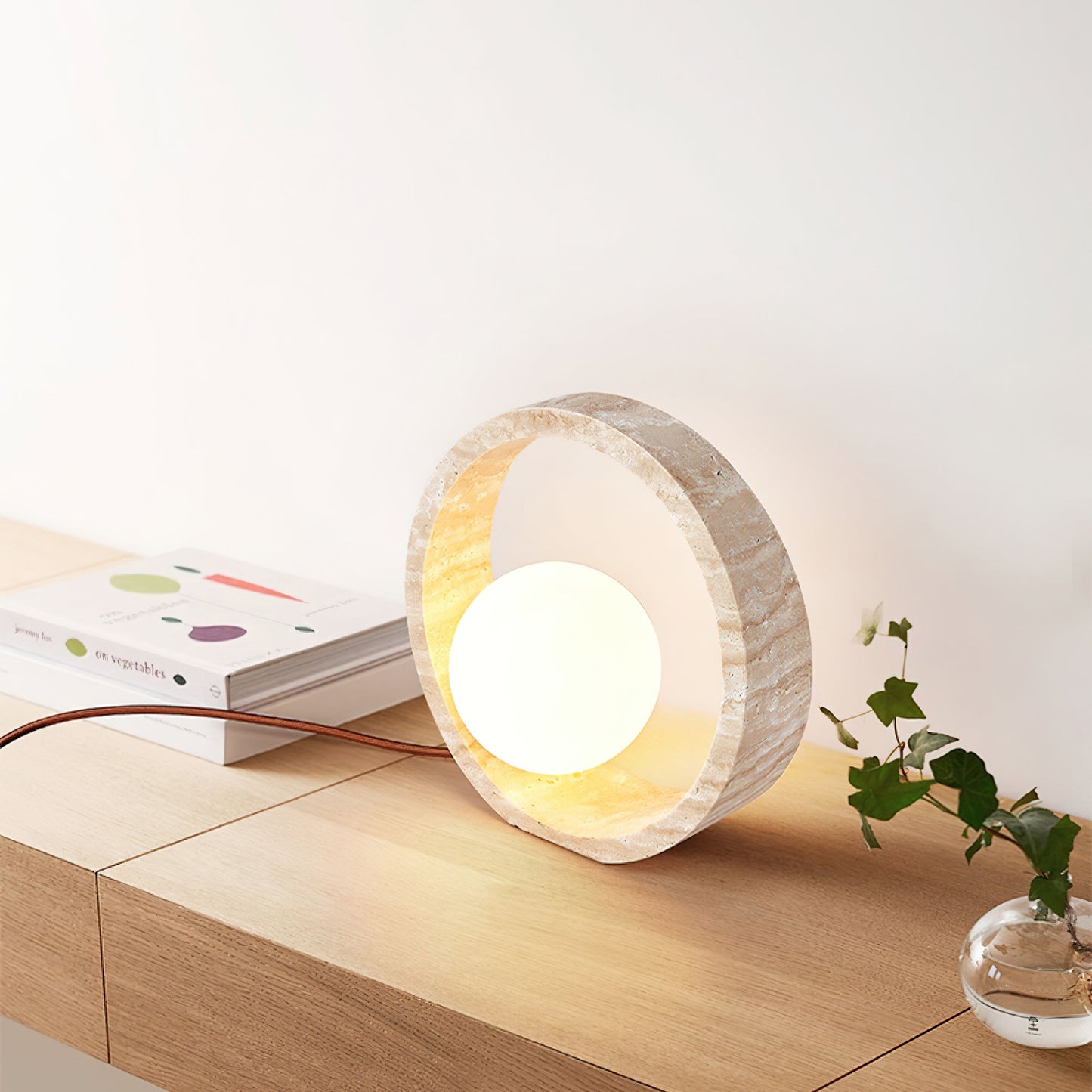 Q Circle Table Lamp | Yellow Travertine & Glass | 25cm Diameter