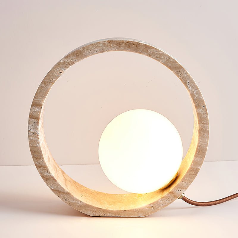 Q Circle Table Lamp | Yellow Travertine & Glass | 25cm Diameter