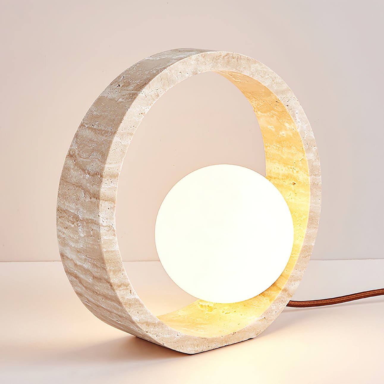 Q Circle Table Lamp | Yellow Travertine & Glass | 25cm Diameter