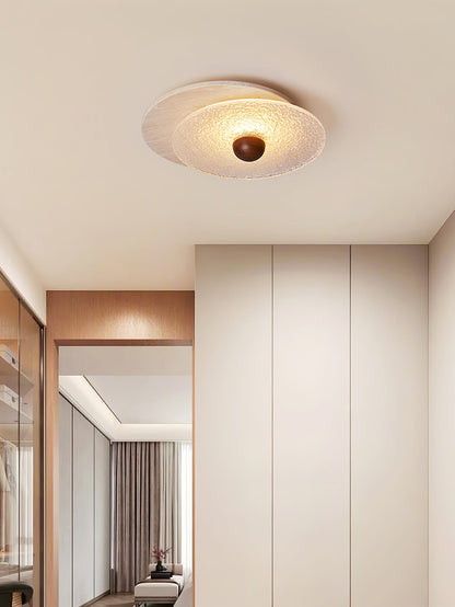 Radiant Disc Ceiling Lamp | Yellow Travertine & Glass | 33cm x 32cm