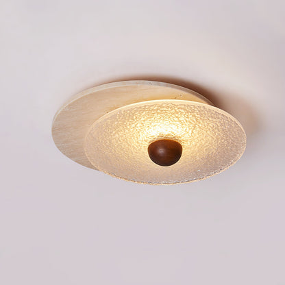 Radiant Disc Ceiling Lamp | Yellow Travertine & Glass | 33cm x 32cm