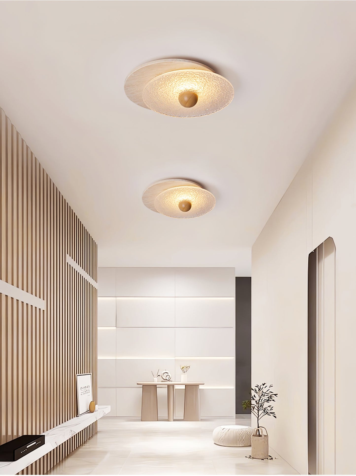 Radiant Disc Ceiling Lamp | Yellow Travertine & Glass | 33cm x 32cm