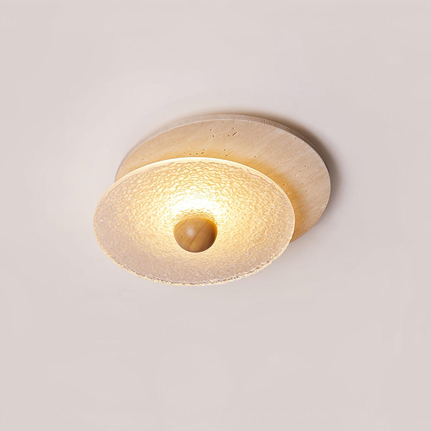 Radiant Disc Ceiling Lamp | Yellow Travertine & Glass | 33cm x 32cm