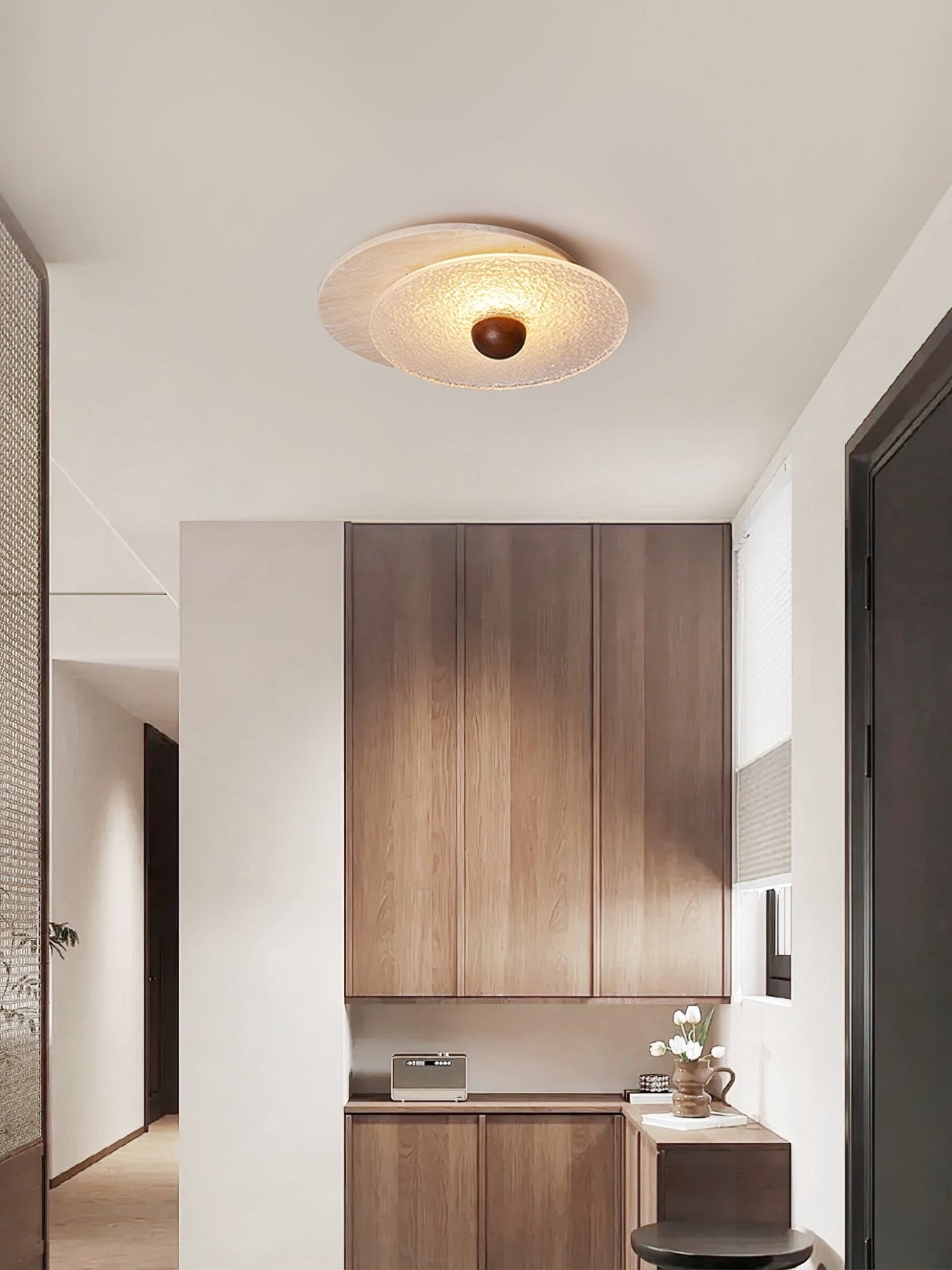 Radiant Disc Ceiling Lamp | Yellow Travertine & Glass | 33cm x 32cm