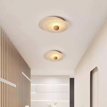Radiant Disc Ceiling Lamp | Yellow Travertine & Glass | 33cm x 32cm