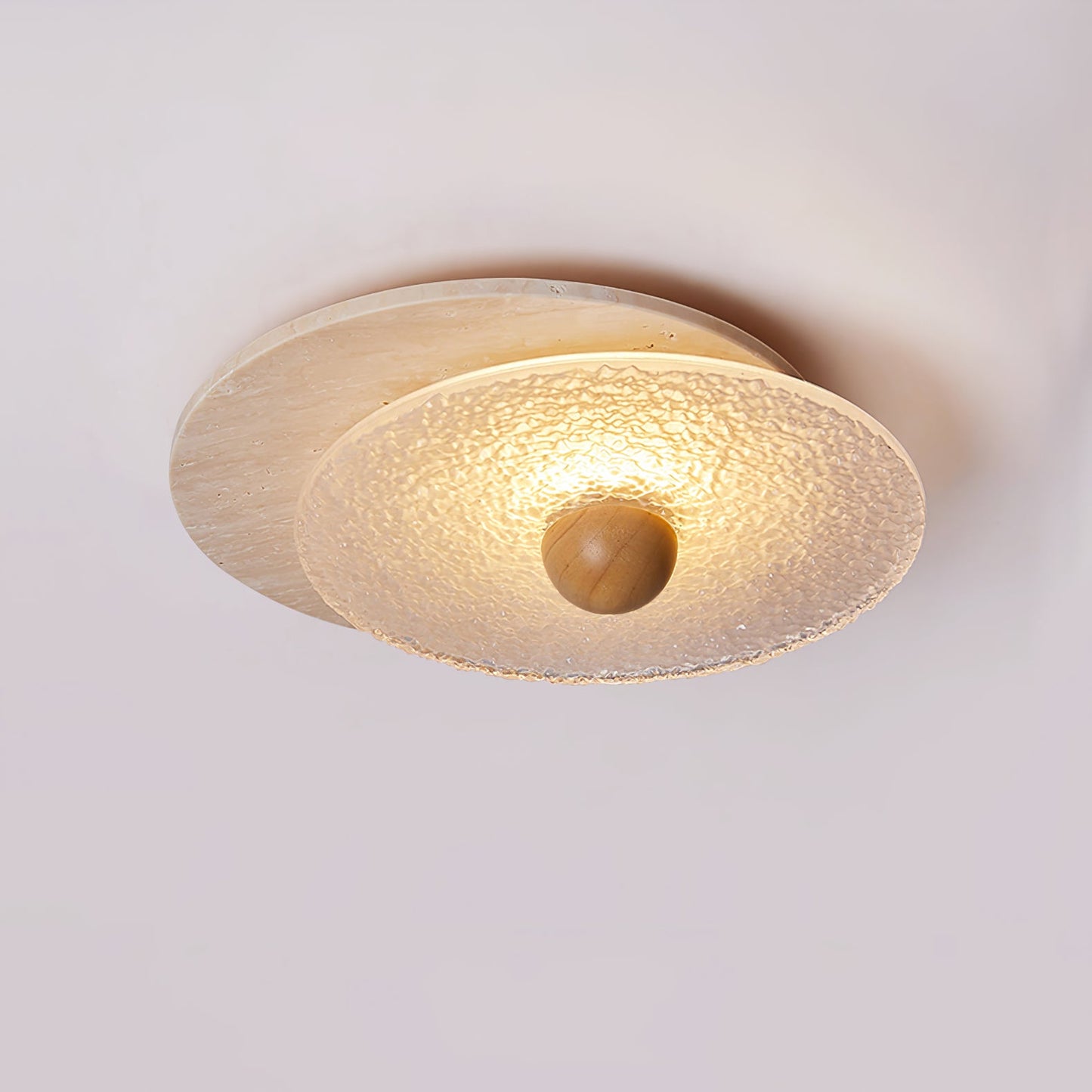 Radiant Disc Ceiling Lamp | Yellow Travertine & Glass | 33cm x 32cm