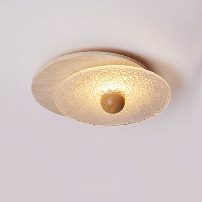 Radiant Disc Ceiling Lamp | Yellow Travertine & Glass | 33cm x 32cm