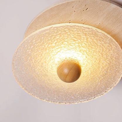 Radiant Disc Ceiling Lamp | Yellow Travertine & Glass | 33cm x 32cm