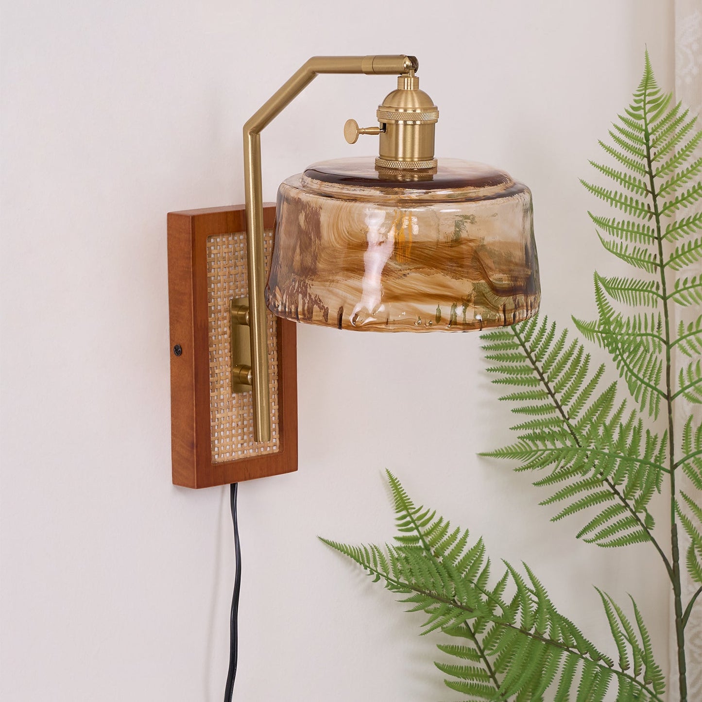 Rafi Wall Lamp Set | Bamboo, Glass & Brass | Green & Cognac
