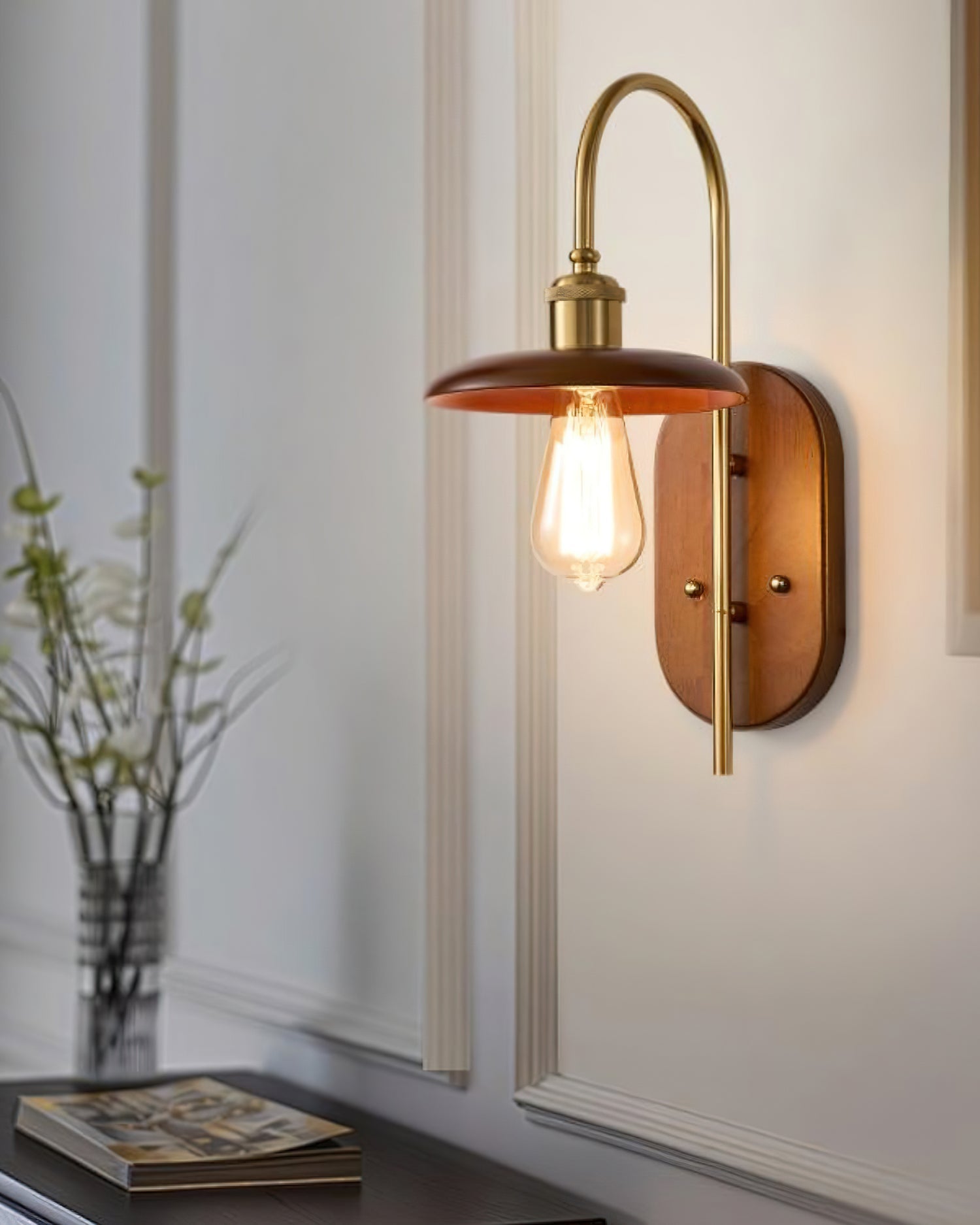 Rafi Wall Light | Brass & Walnut Wood | Retro Design