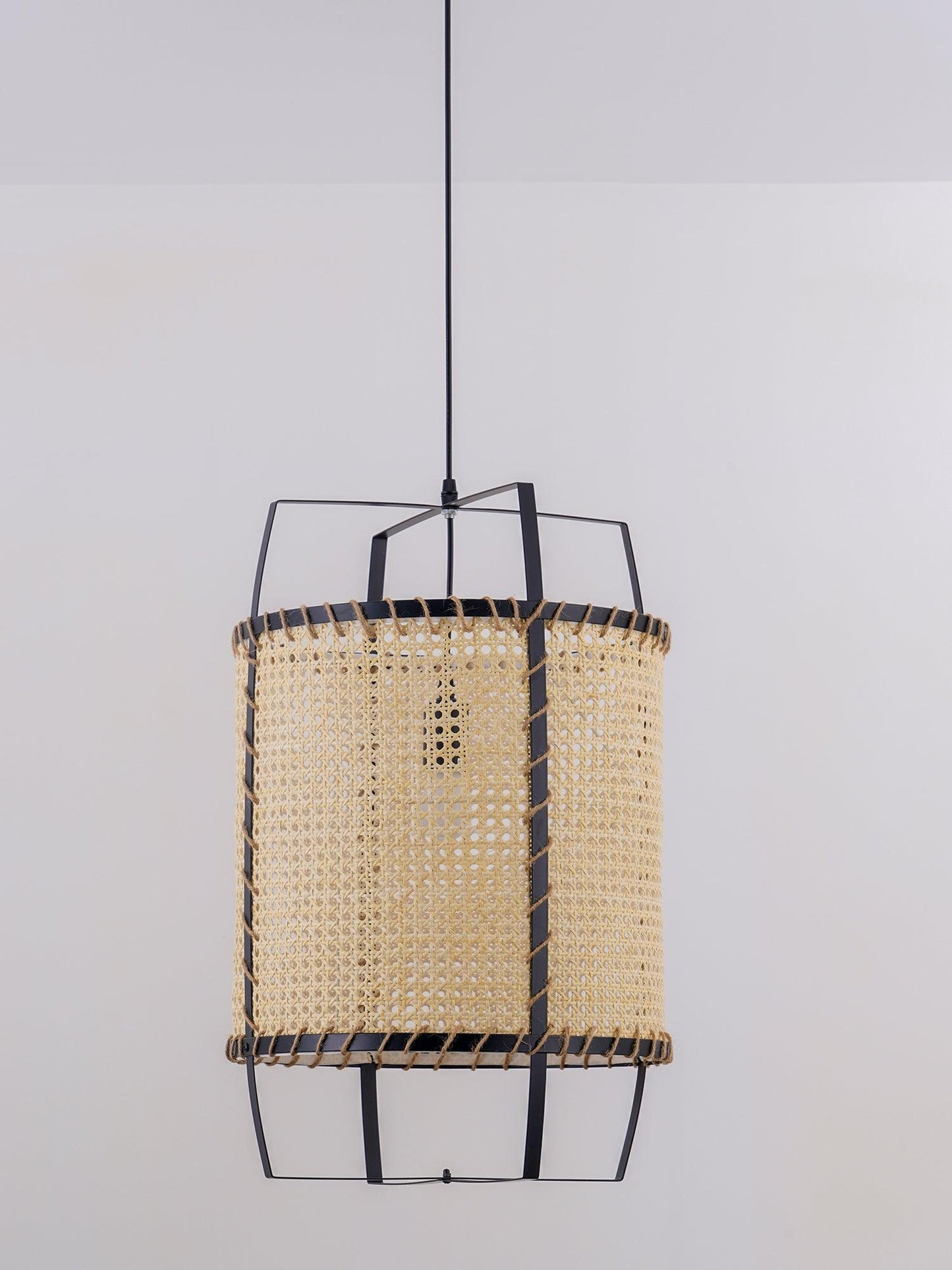 Rattan Cane Pendant Light | Handmade Metal Frame | Black, 40cm Diameter