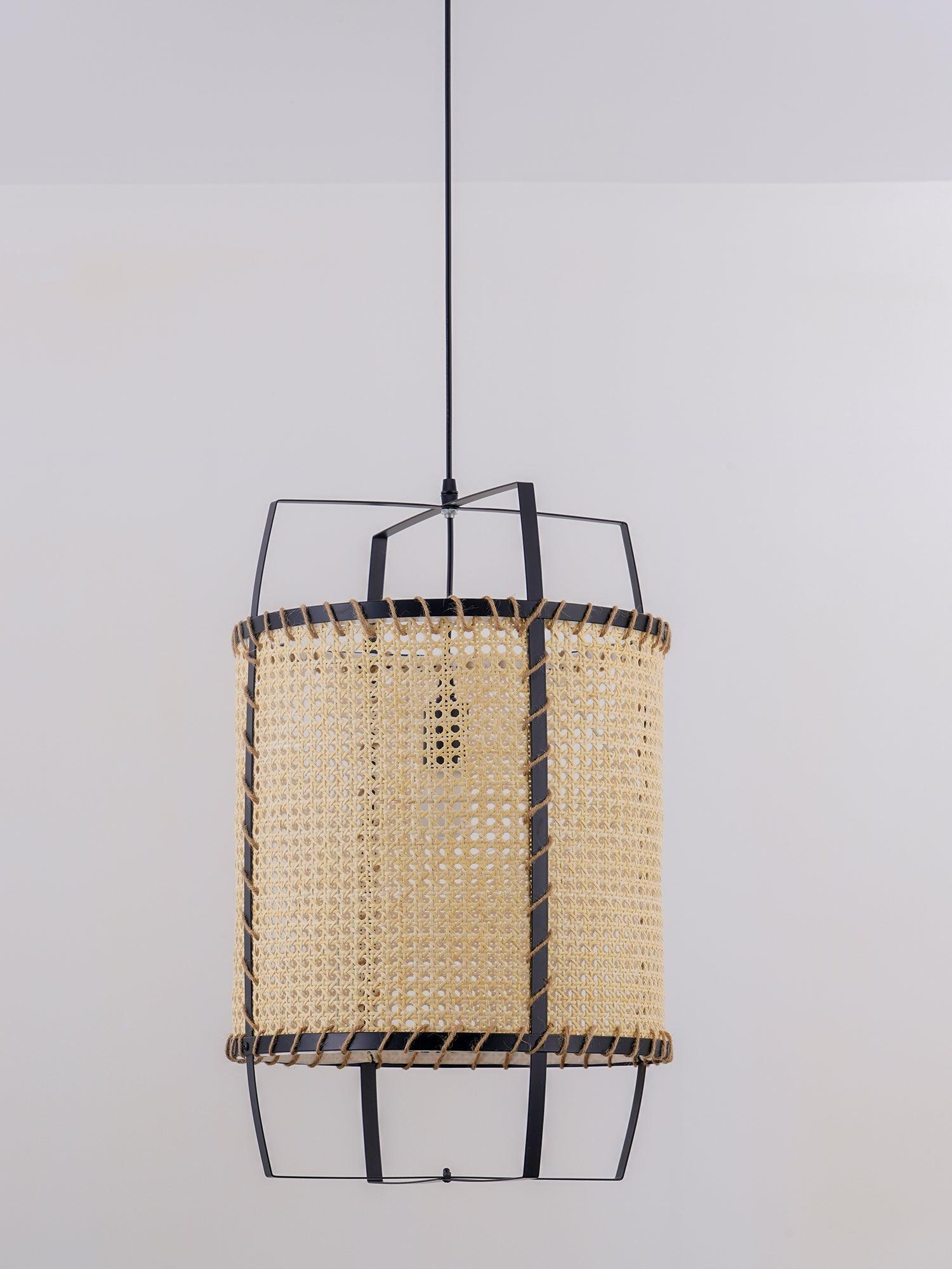 Rattan Cane Pendant Light | Handmade Metal Frame | Black, 40cm Diameter