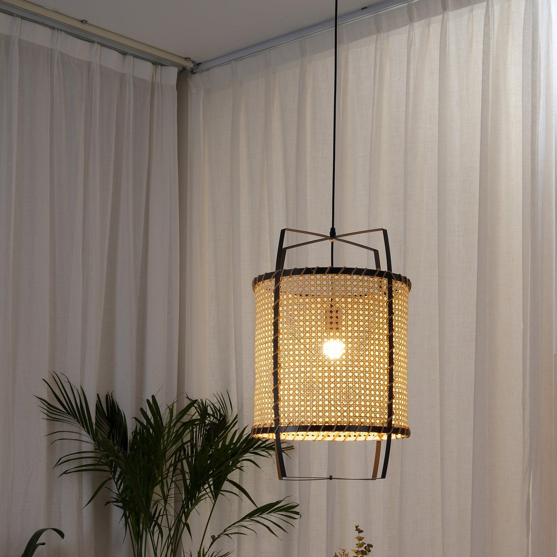 Rattan Cane Pendant Light | Handmade Metal Frame | Black, 40cm Diameter