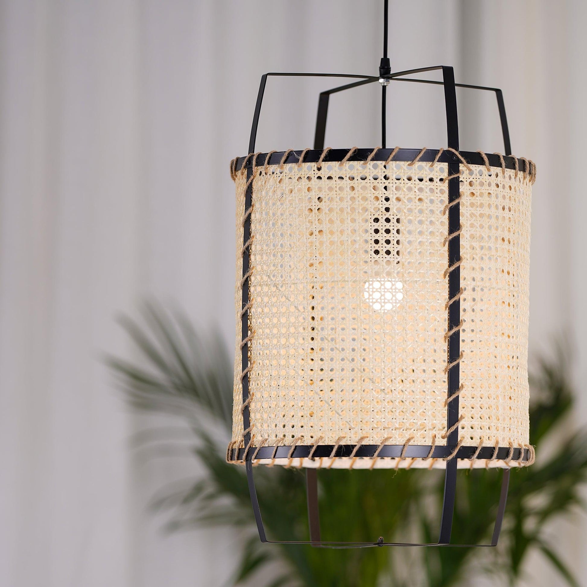 Rattan Cane Pendant Light | Handmade Metal Frame | Black, 40cm Diameter